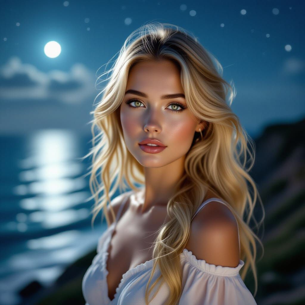 Romantic Woman Contemplates Sea Under Starry Sky