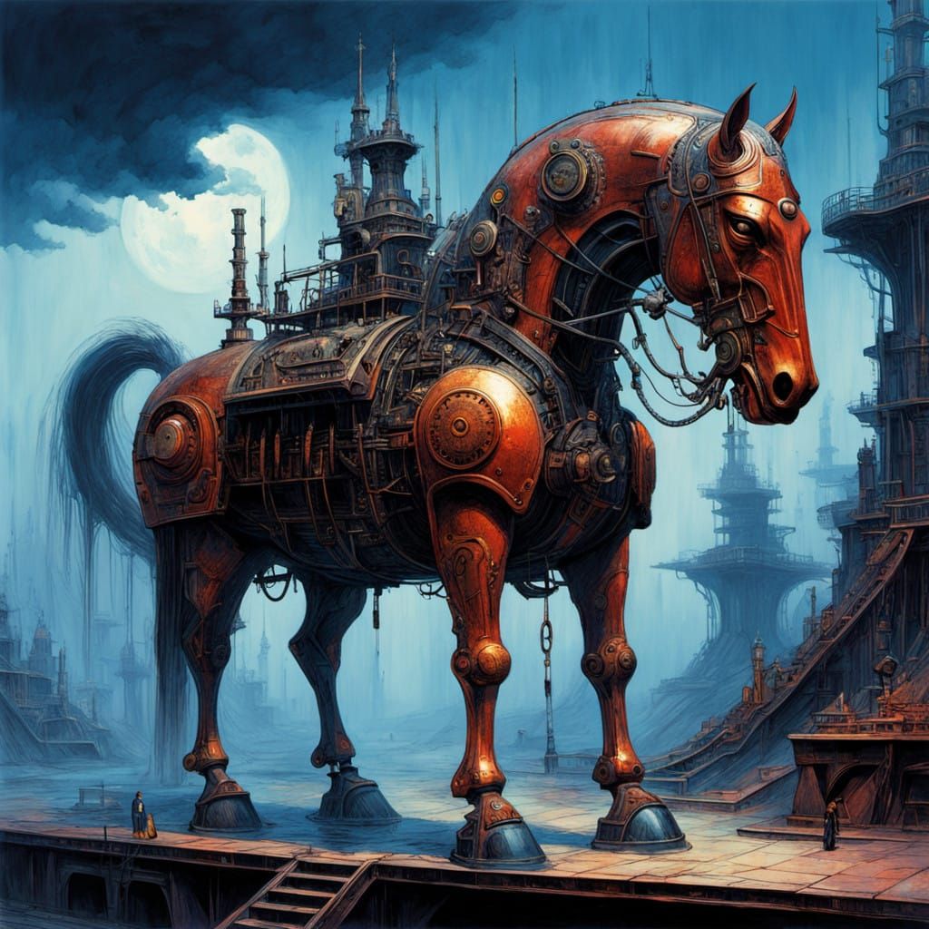 Steam-Powered Copper Horse in Industrial Fantasy