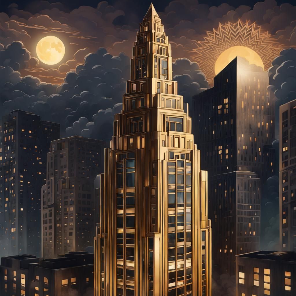 Elegant Art Deco Skyscraper Over City at Night