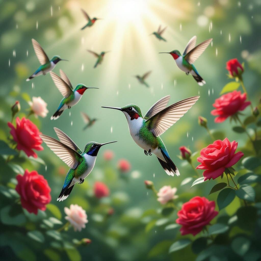 White Hummingbird Sings in Sunlit Rose Garden