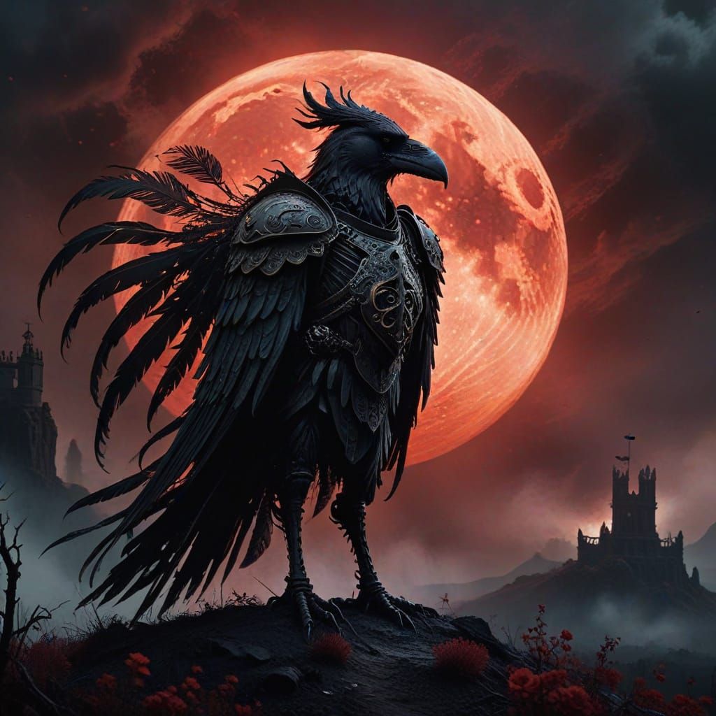 Gothic Skeletal Knight with Raven Under Crimson Moon
