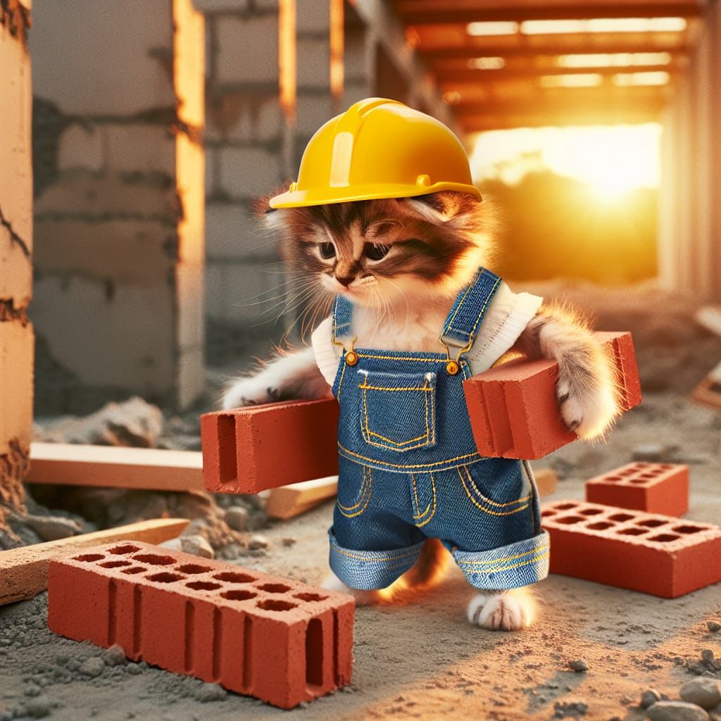 Kitten Construction Worker Holding Bricks in Sunlight