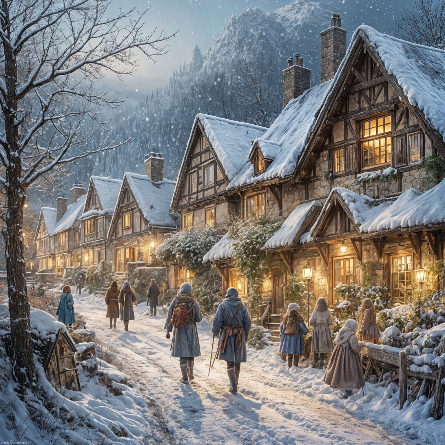 Hyperreal Snowy English Village in the Mountains