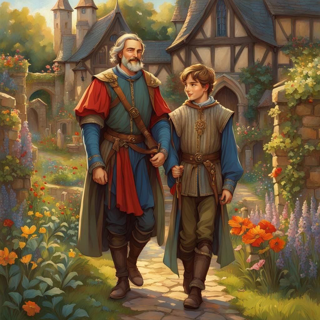 Father and Son in Fairytale Garden