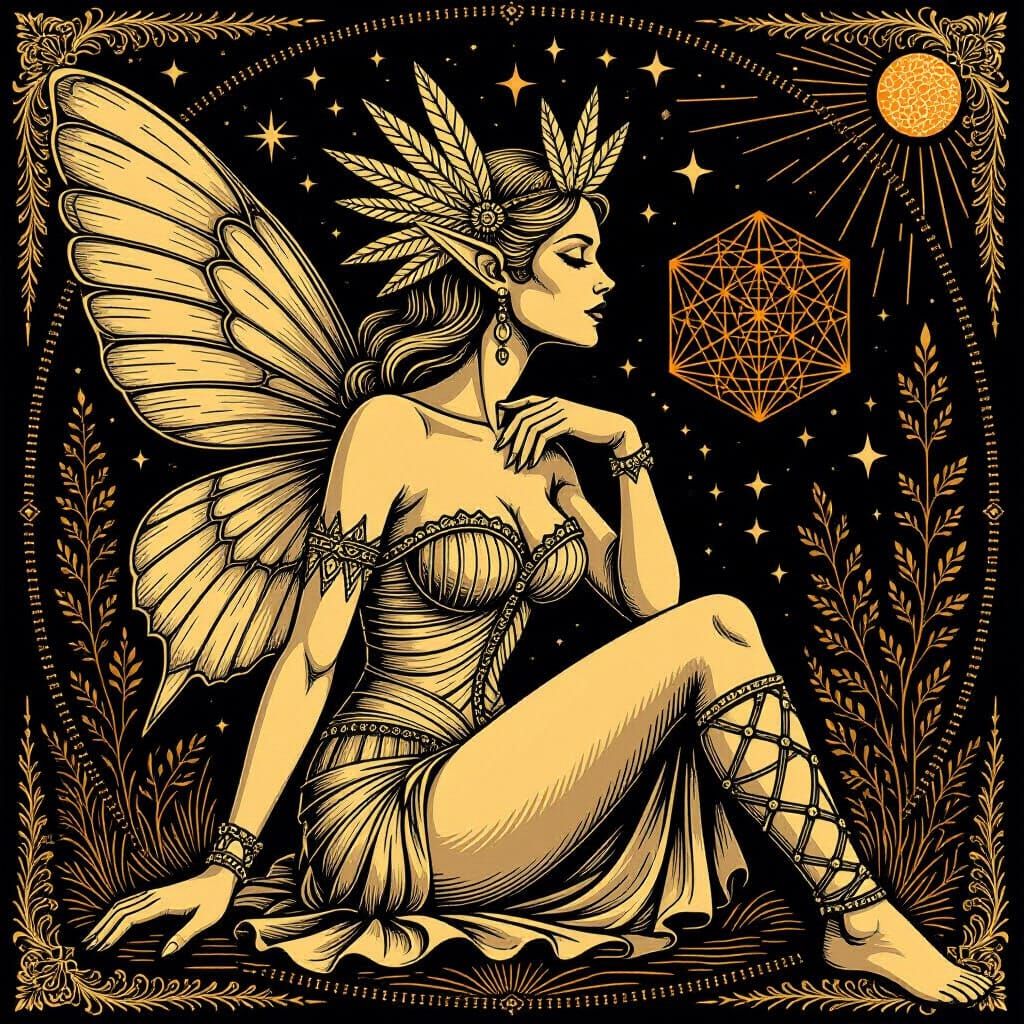 Wood Nymph in Hyperrealistic Linocut Style