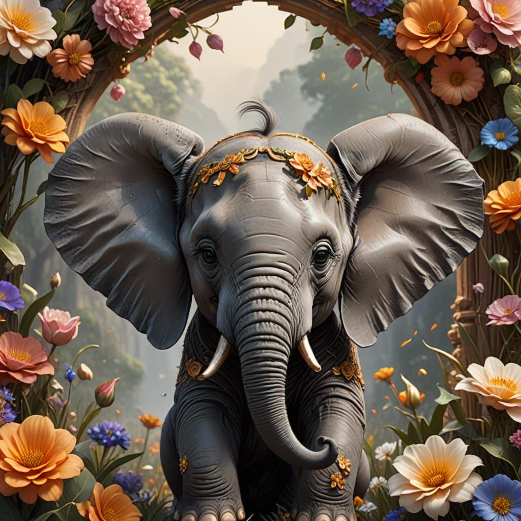 Whimsical Baby Elephant in Vintage Fantasy Scene