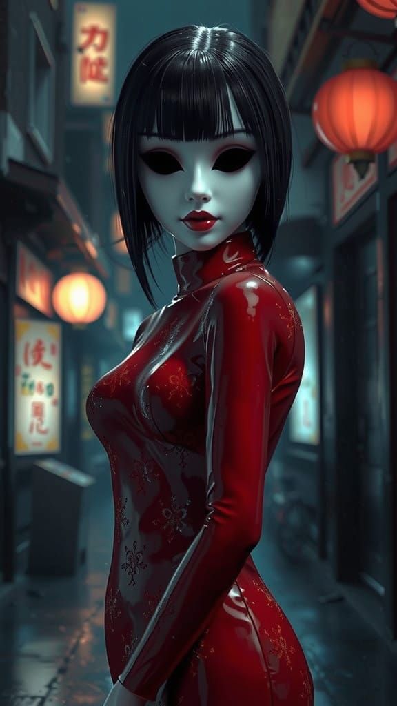 Ethereal Japanese Ghostly Mannequin in Cyberpunk Rain