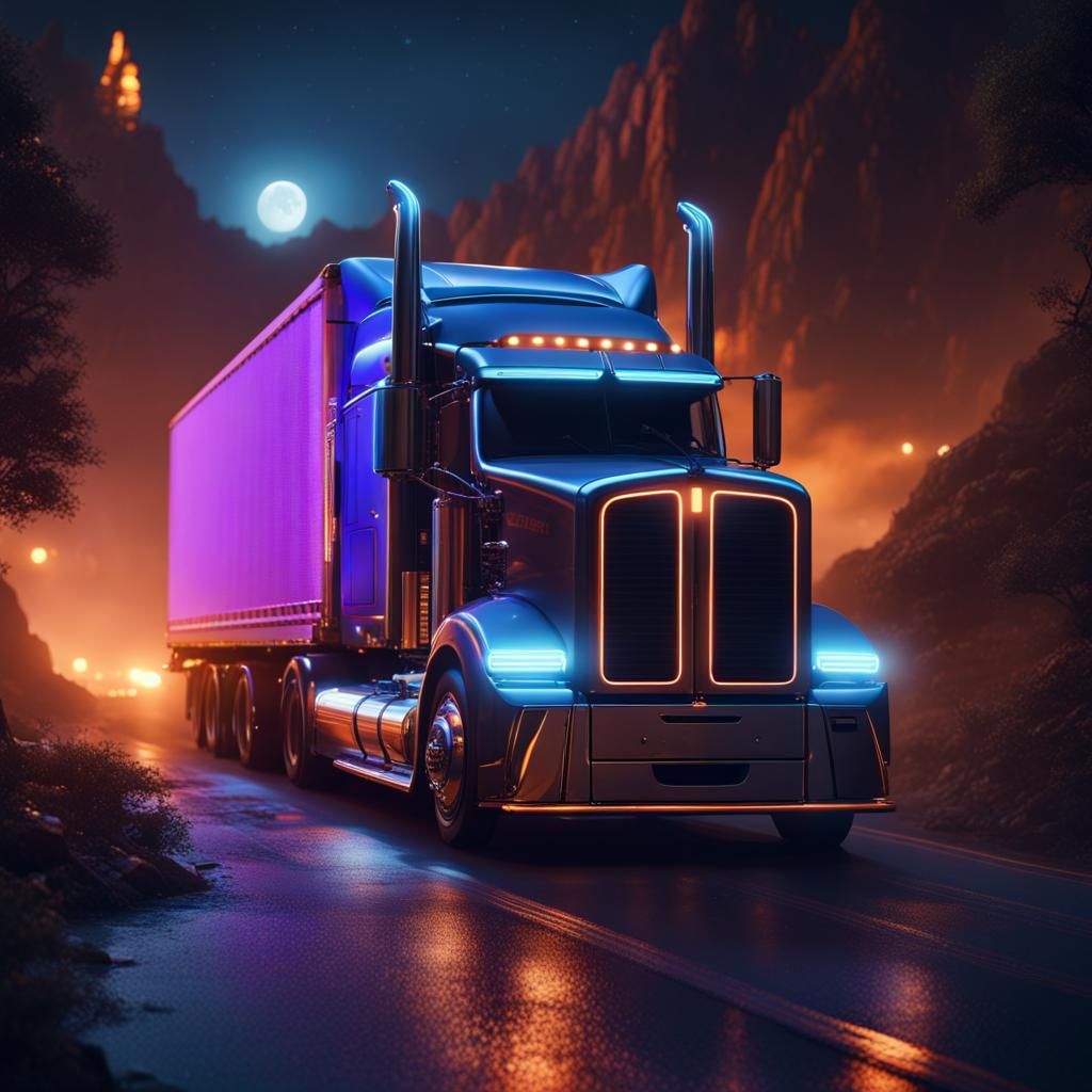 Cheta Drives Semi Truck at Night: Detailed Matte Painting