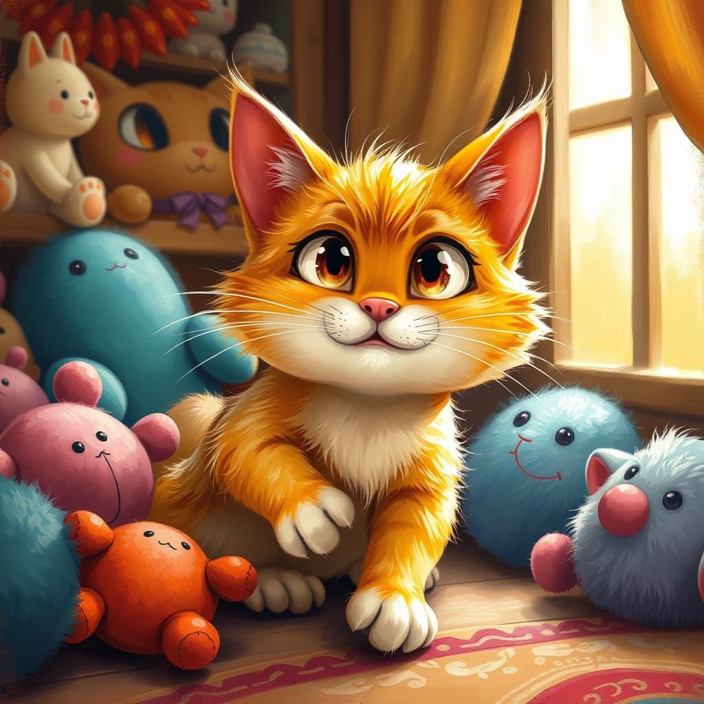 Whimsical Oil Painting of a Cartoon Cat in a Cozy Home