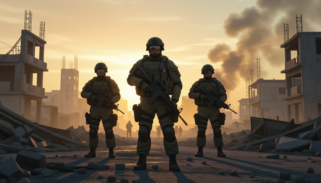 Victorious Soldiers in War-Torn City, Digital Matte Painting