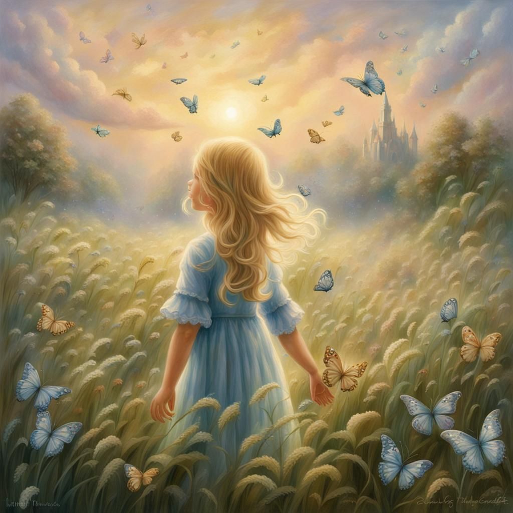 Ethereal Girl with Butterflies in Field