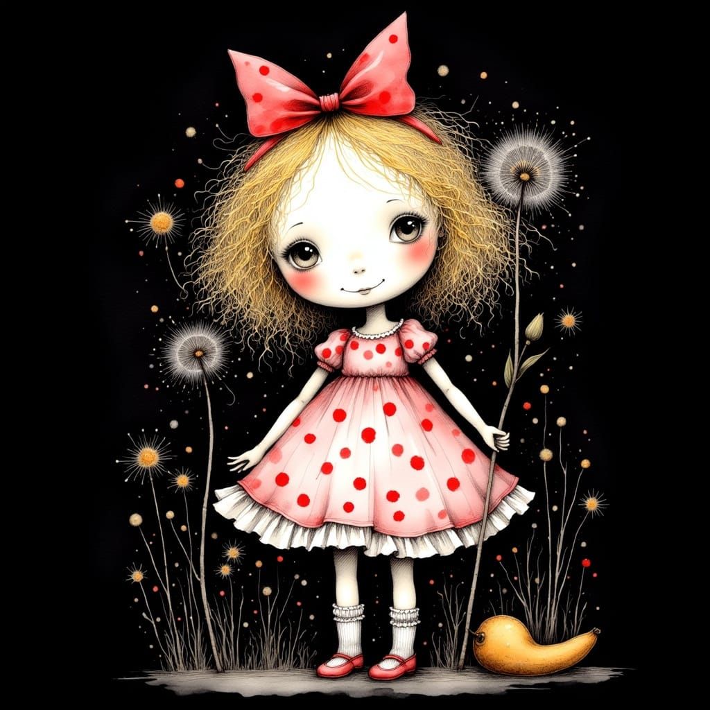 Whimsical Drawing of a girl holding a dandelion