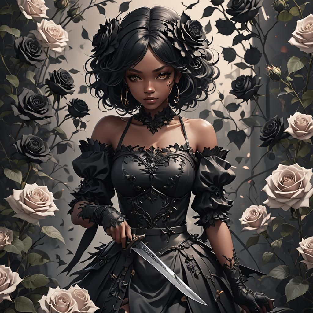 Dark Fairy with Knife and Black Roses in Anime Style