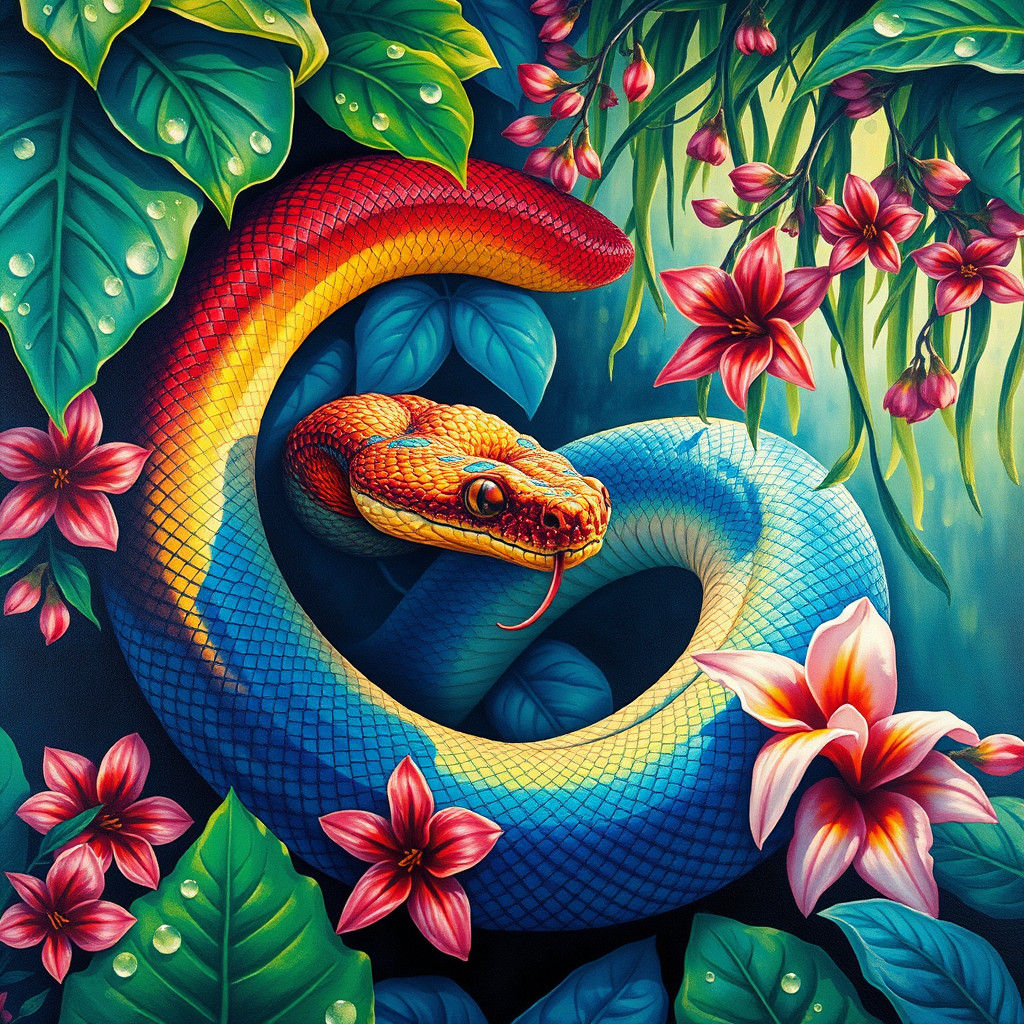 Serpent Coiled in Amazonian Foliage: Gouache Watercolor Styl...