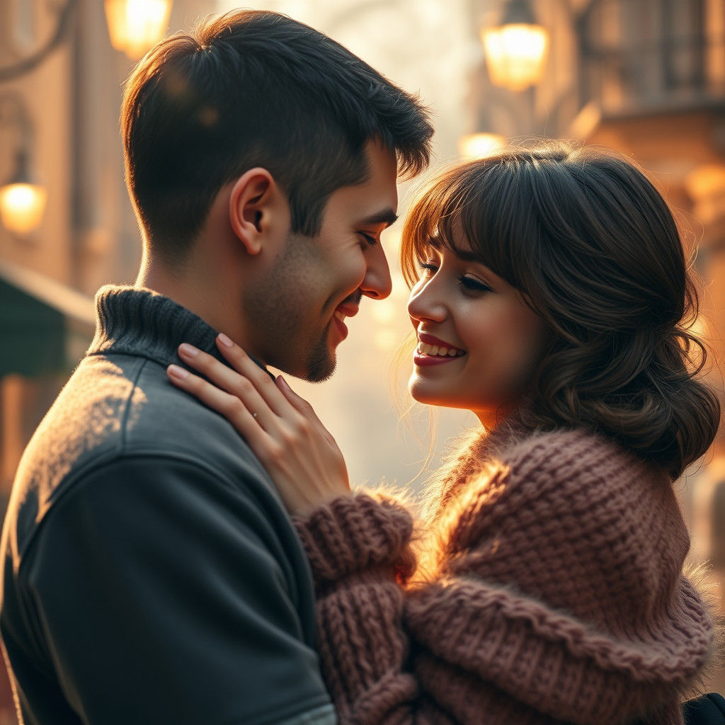 Romantic Couple Embracing in Softly Lit Street Scene