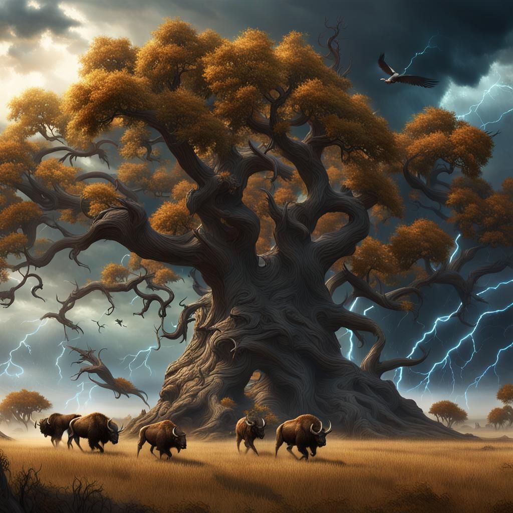 Great Plains Storm with Bison Stampede, Fantasy Art