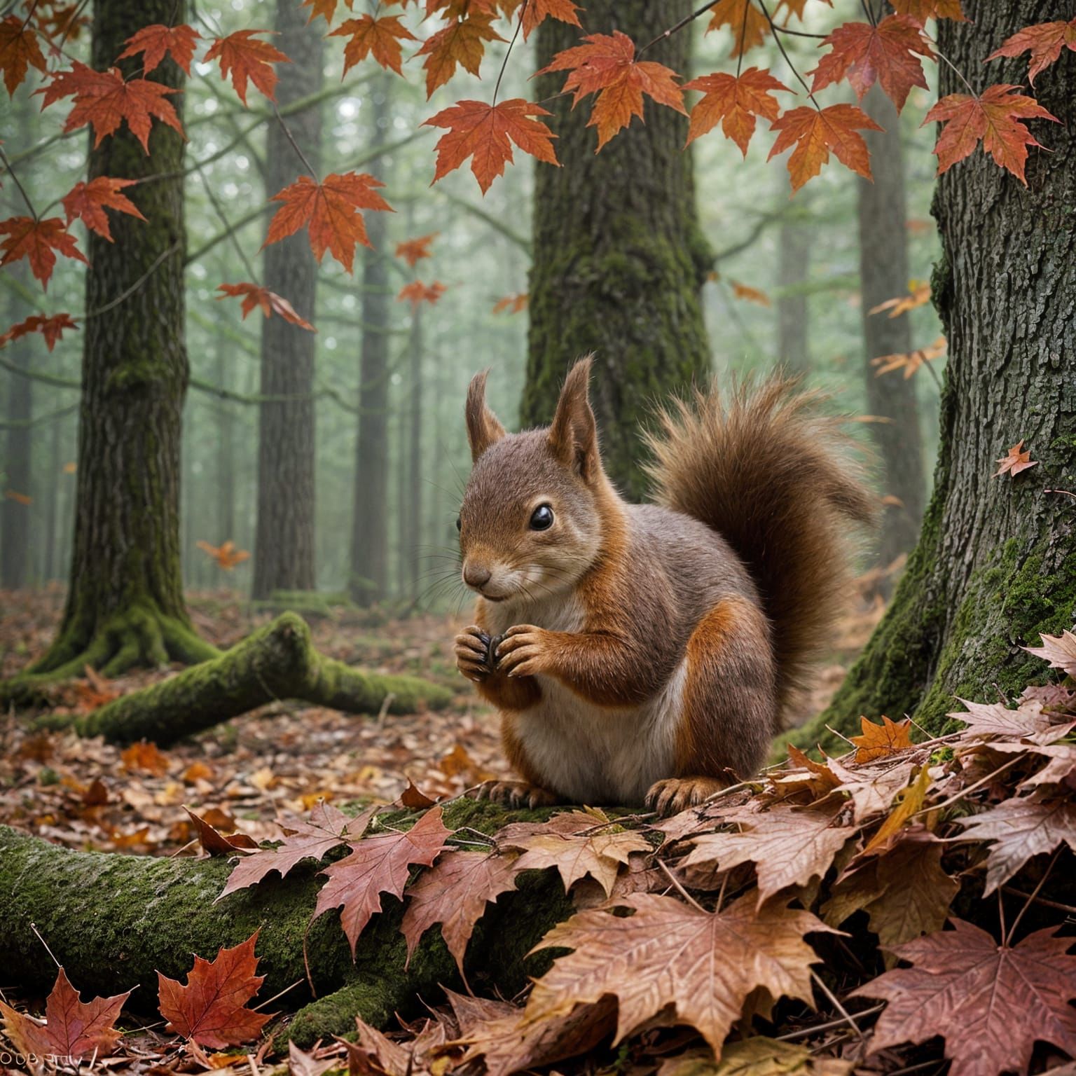 Mischievous Squirrel Hides in Crimson Maple Leaves