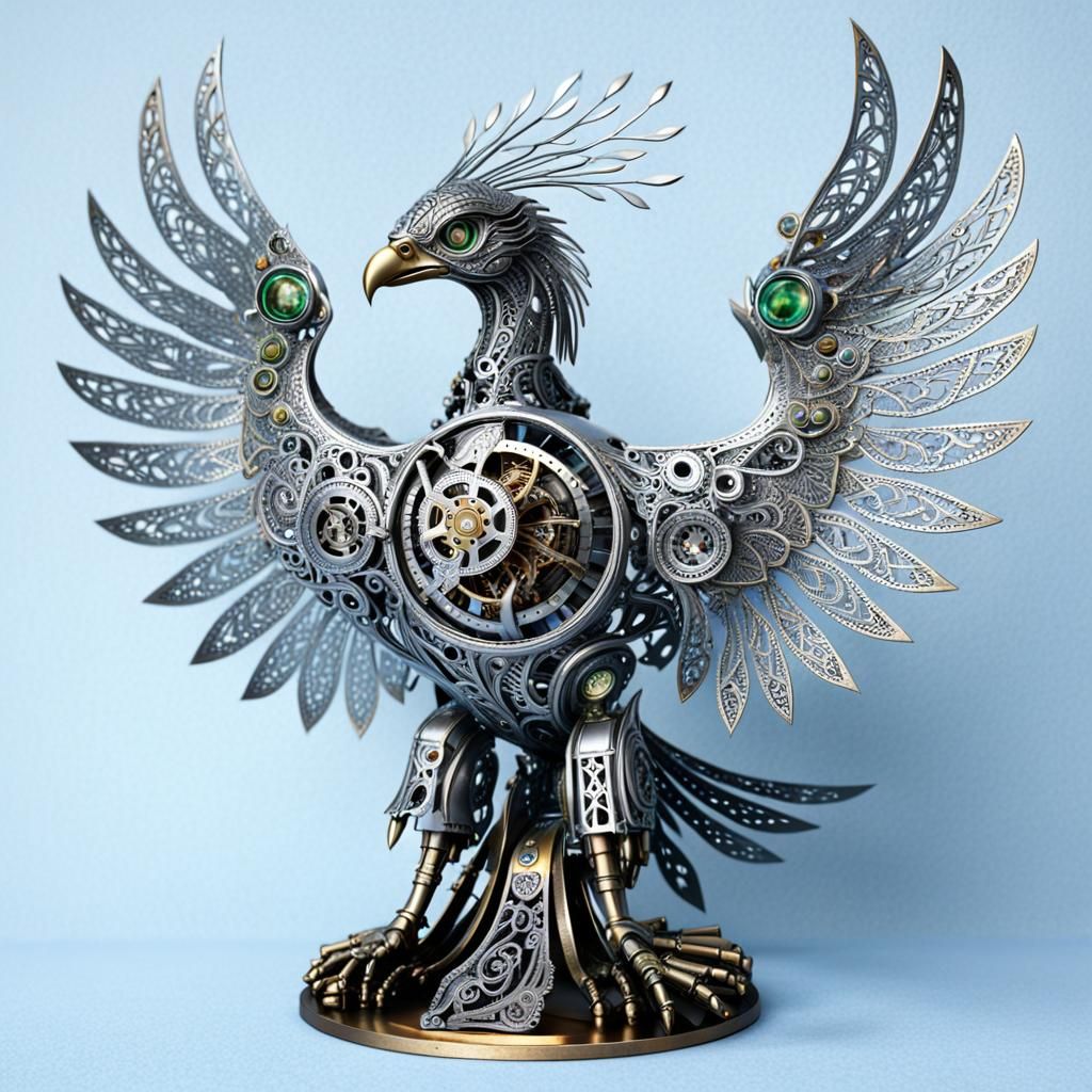 Green Space Phoenix being reborn. Silver filigree intricate armour.