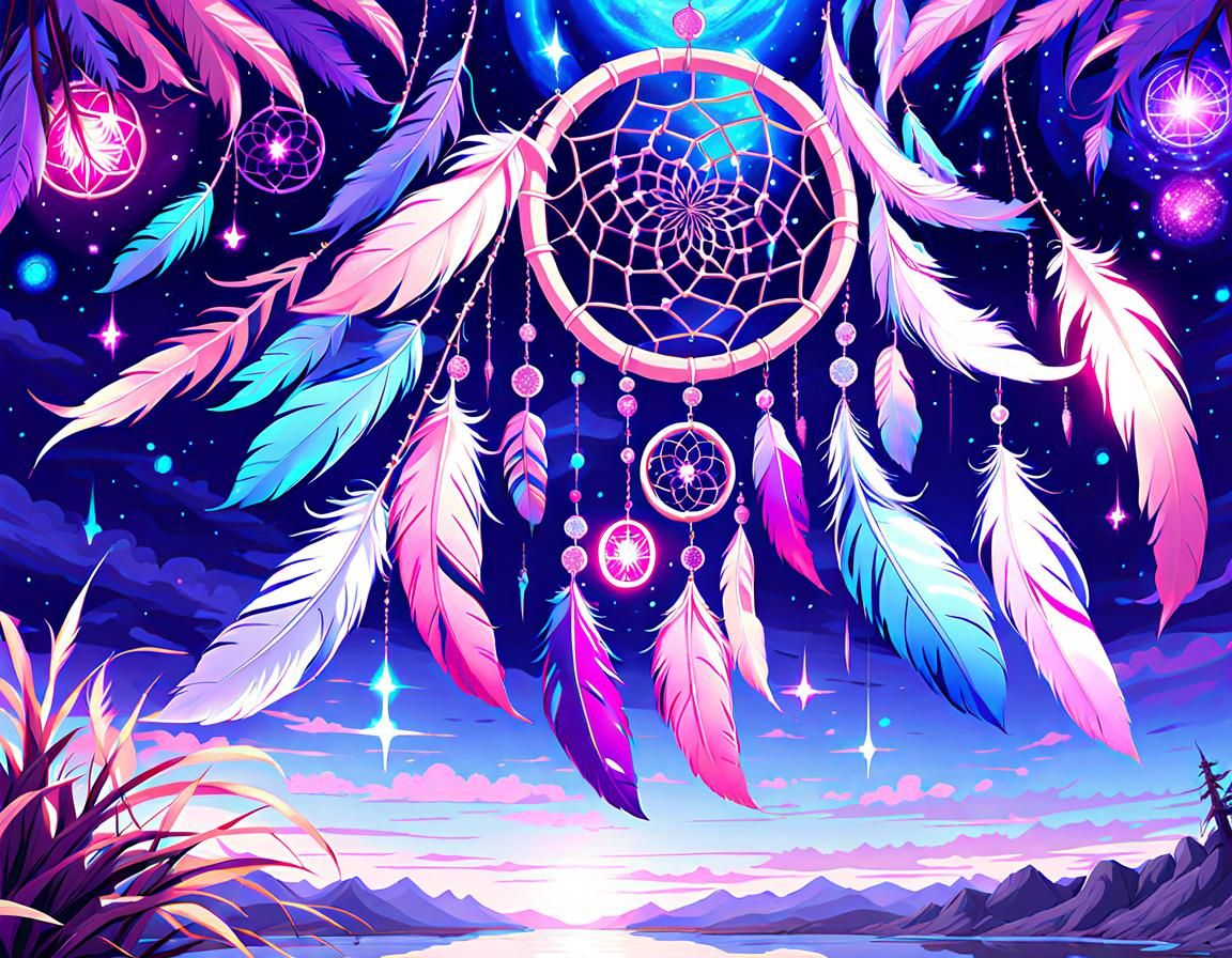 Dreamcatcher with Feathers and Anime-Style Glow