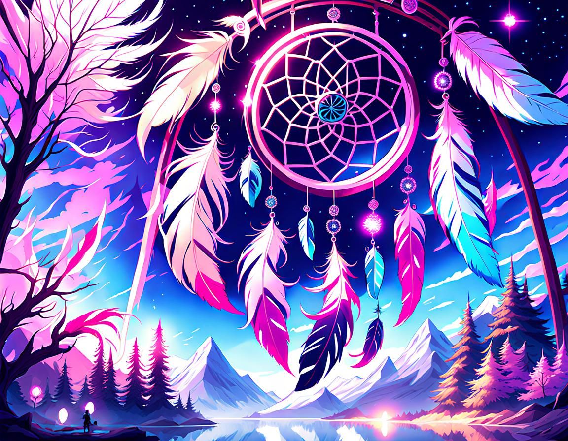 Dreamcatcher with Glowing Feathers in Anime Style