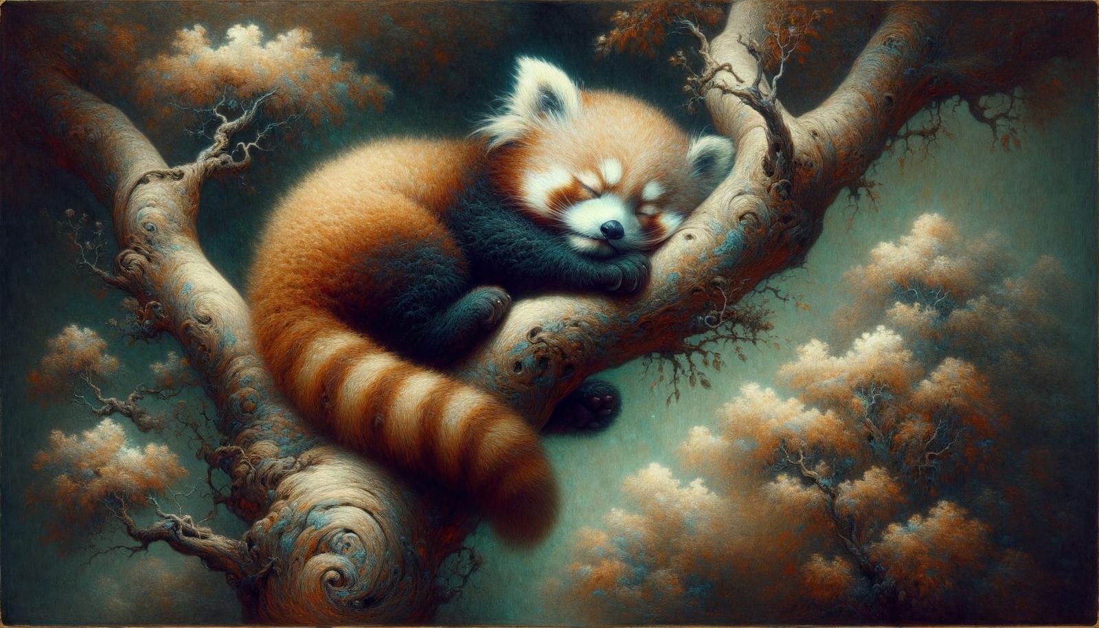 Baby Red Panda Slumbers in Enchanting Tree, Impressionist Fa...