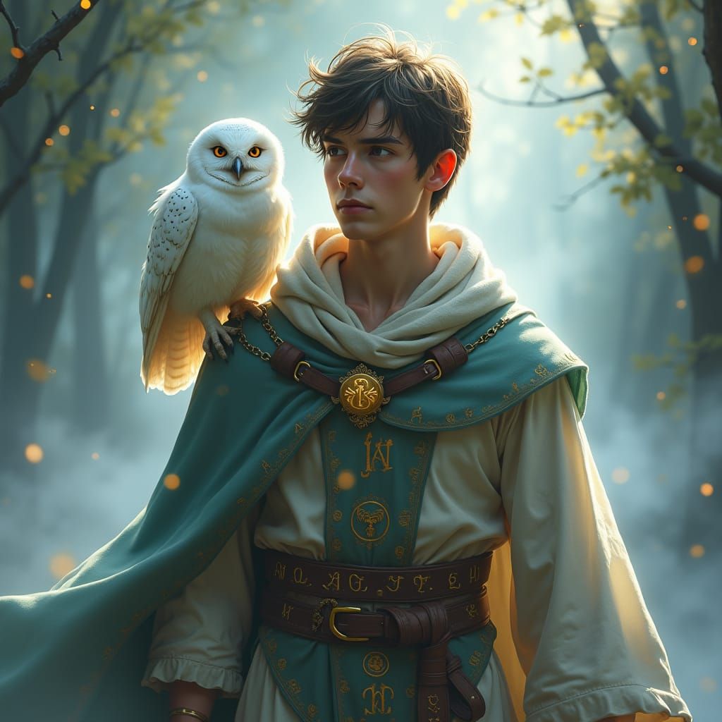 Young Wizard with Owl in Dreamy Landscape