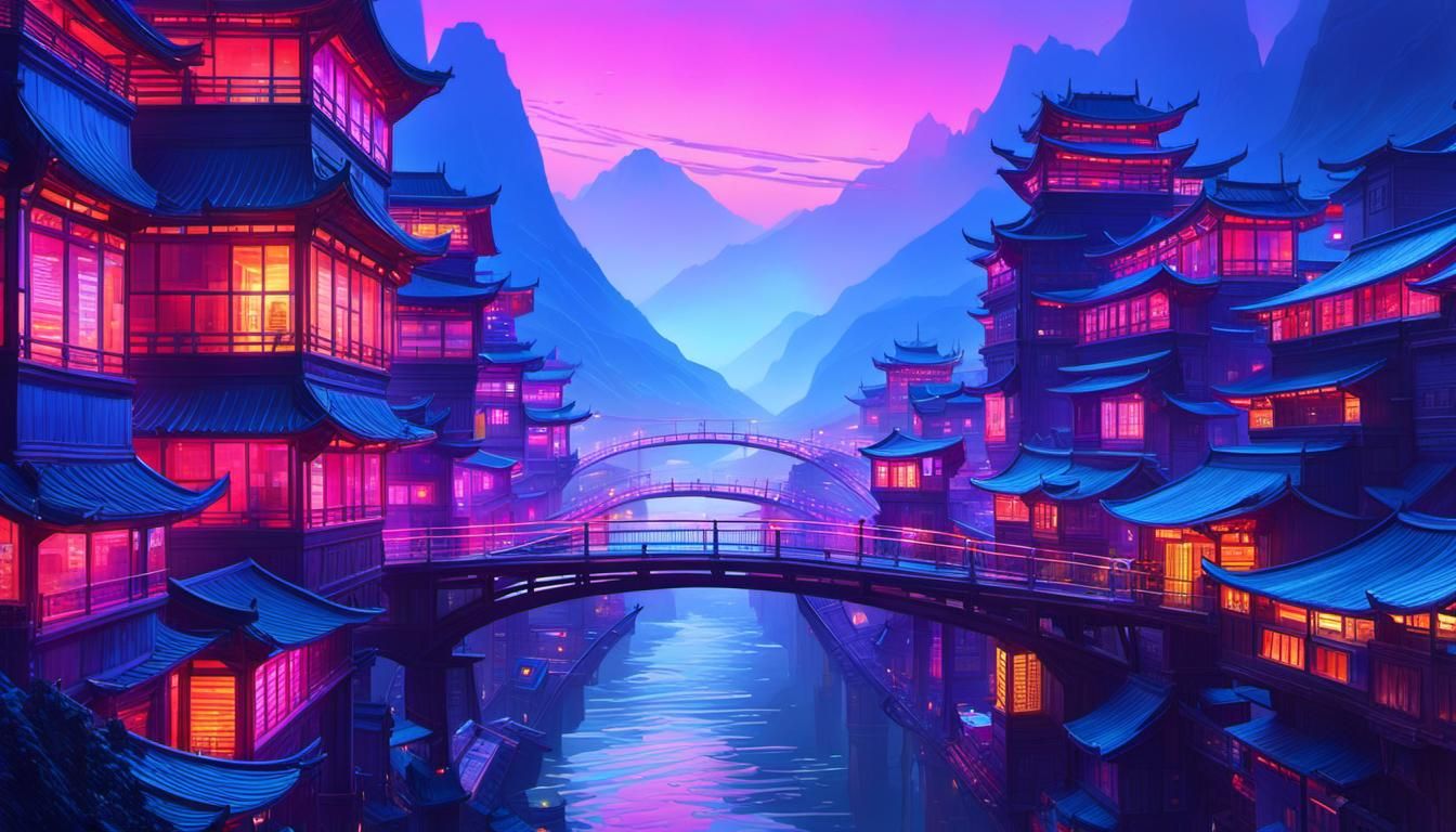 Futuristic Town Over Yangtze River in Art Brut Style