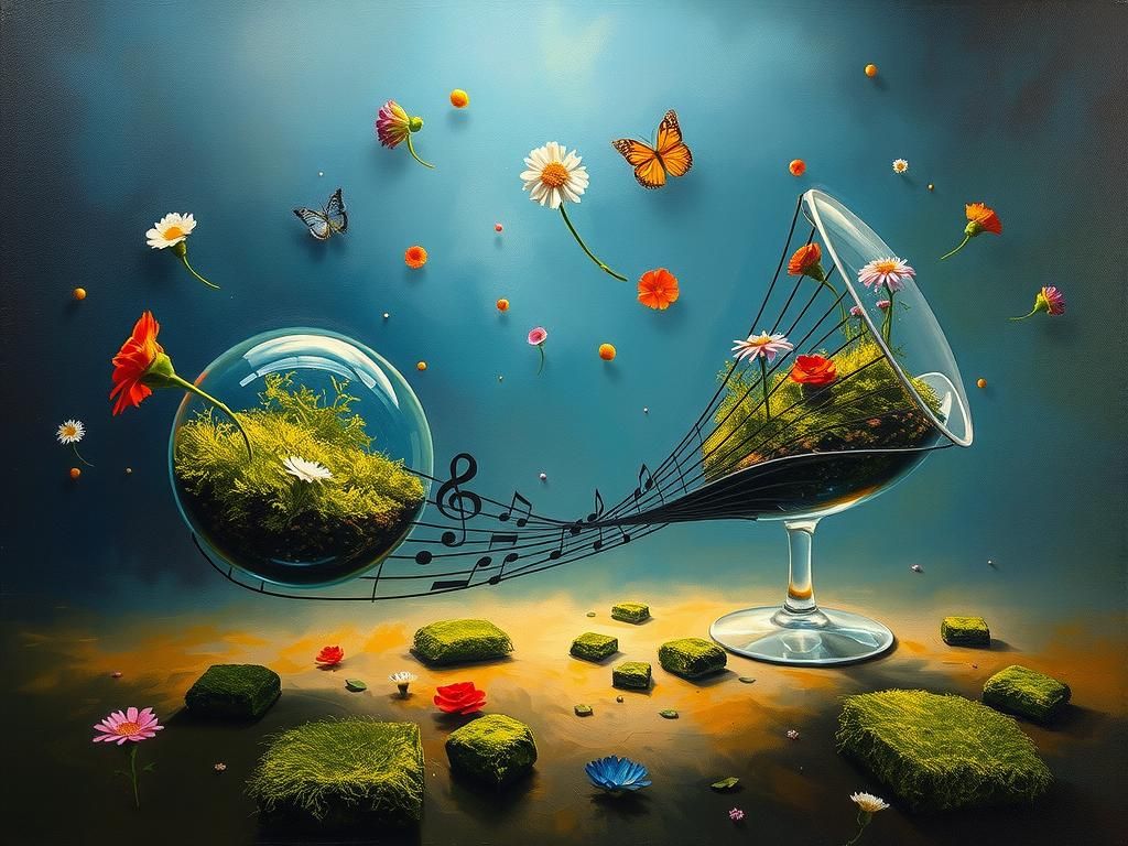 Surreal Glass Music Notes with Moss and Flowers