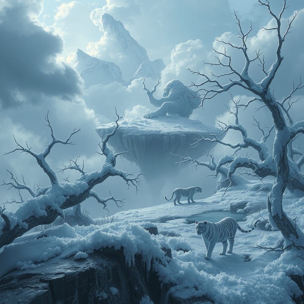 Ethereal Snowy Isle Drifts Through Clouds in a Mystical Atmo...