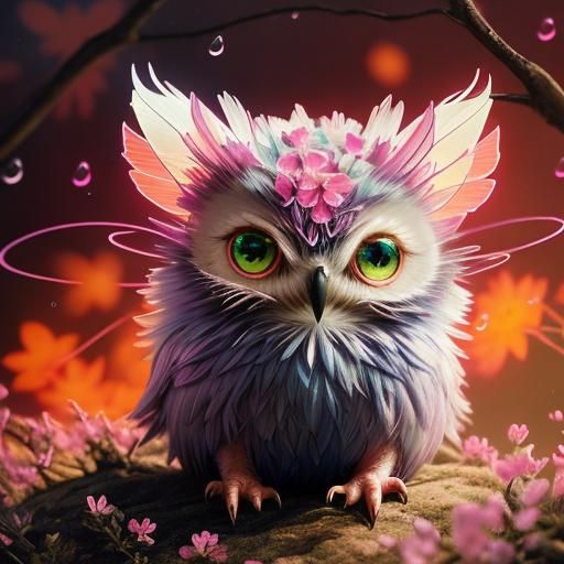 Neon Glowing Transparent Chibi Owl with Sakura Flowers