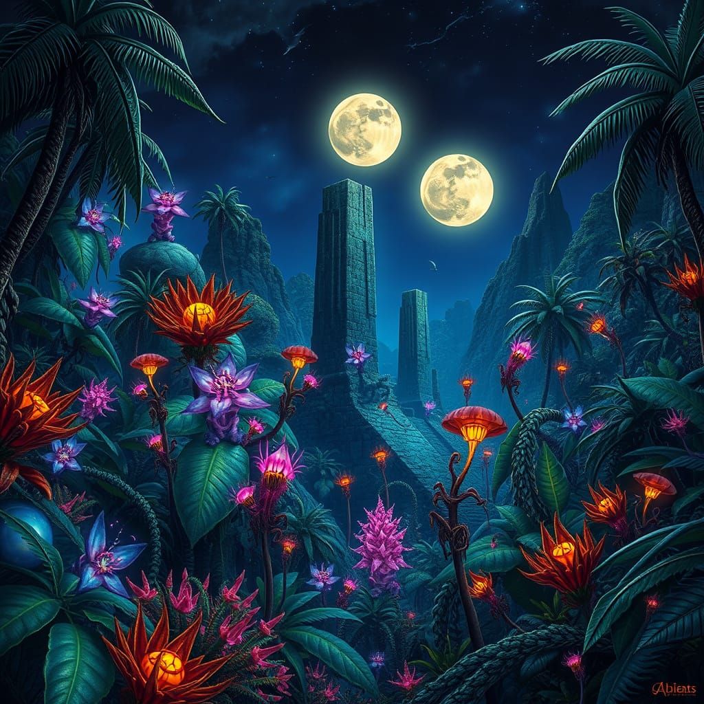 Alien Jungle Ruins Under Twin Moons in Hyperrealistic Style