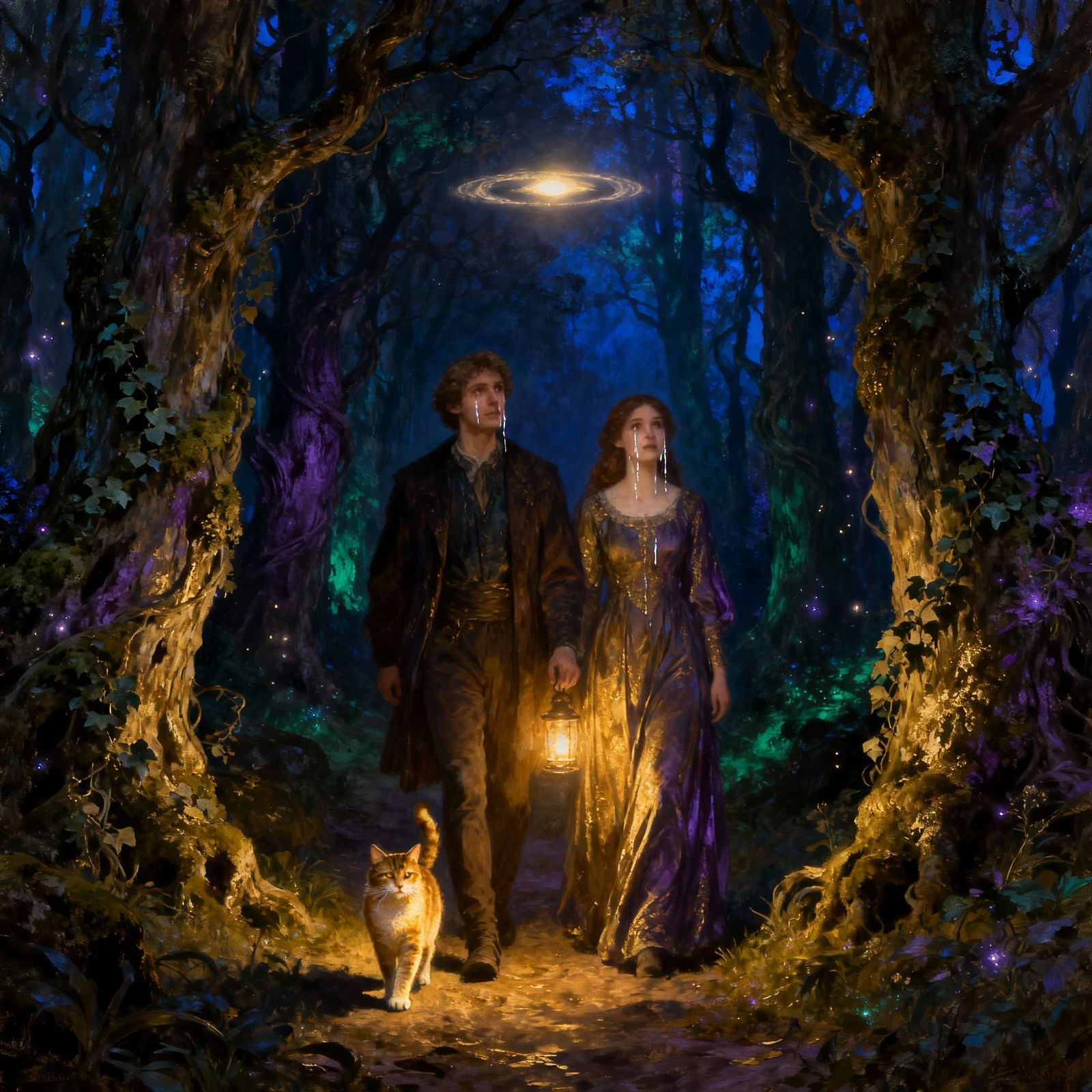 Couple Crying in Enchanted Forest with Cat, Romantic Realist...