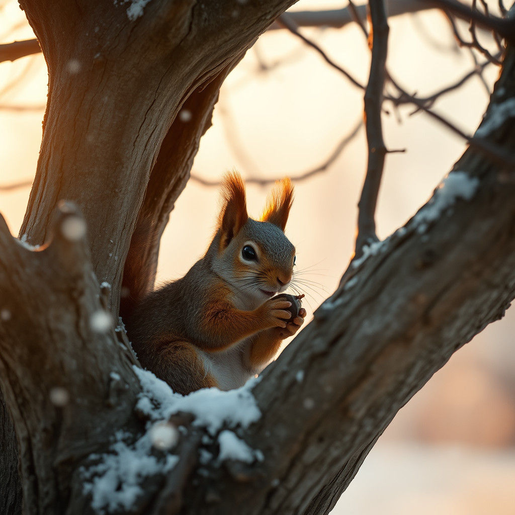 Squirrel with Acorn in Winter Sunset