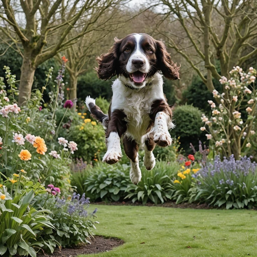 Springer Spaniel Leaps in a Garden