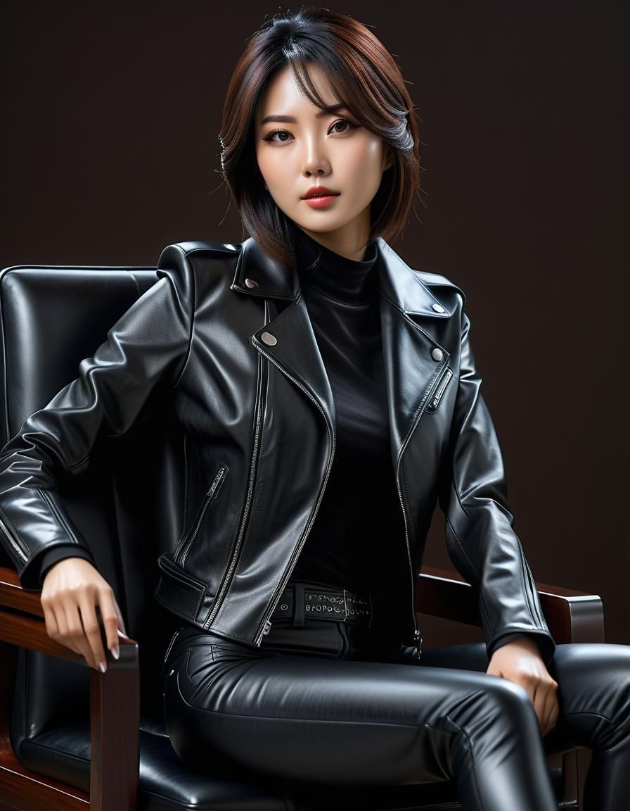 Perfect Japanese woman posing in full leather
