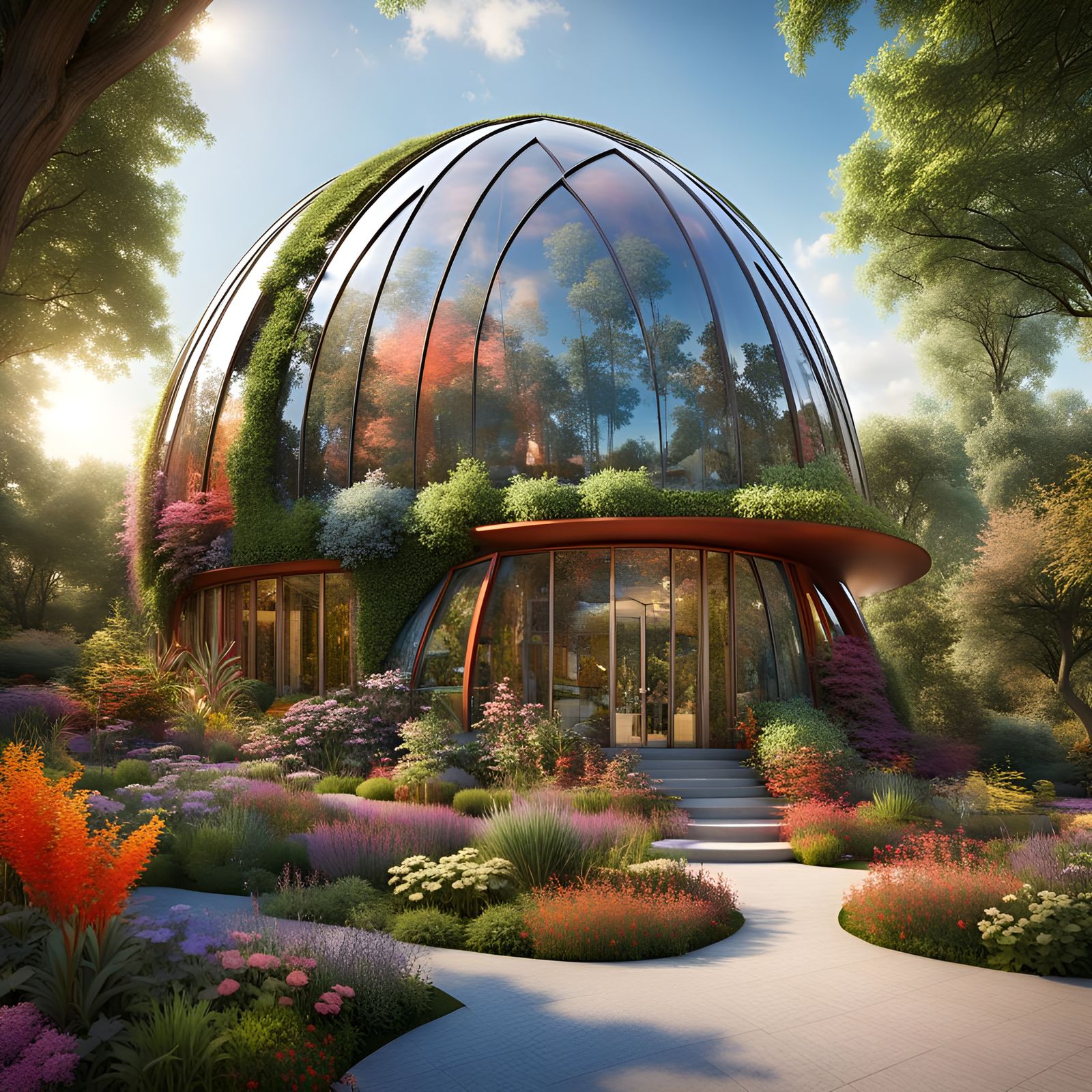 Futuristic Dome Tower with Maximalist Garden in HDR