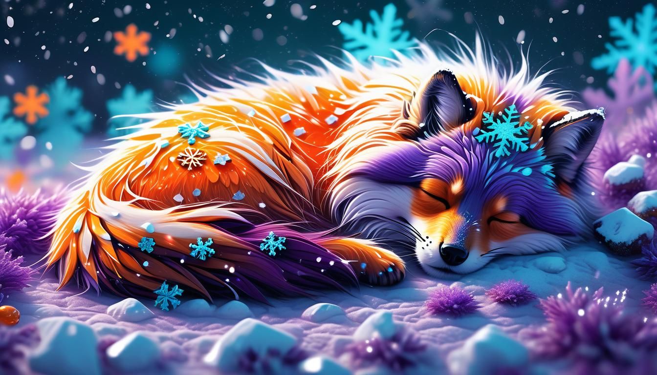Glittering Snowflakes Fall on Sleeping Creature, Digital Art