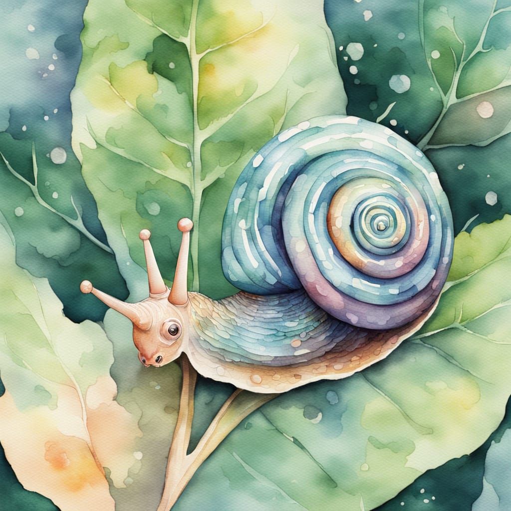 Expressive Snail in Watercolor on Leaf