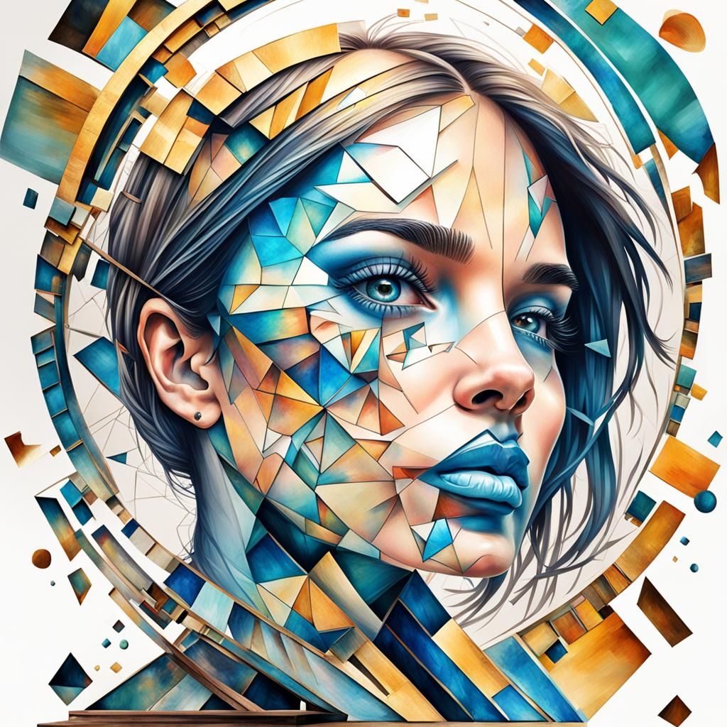 Surreal Woman with Watercolor Tattoos in Broken Mirror