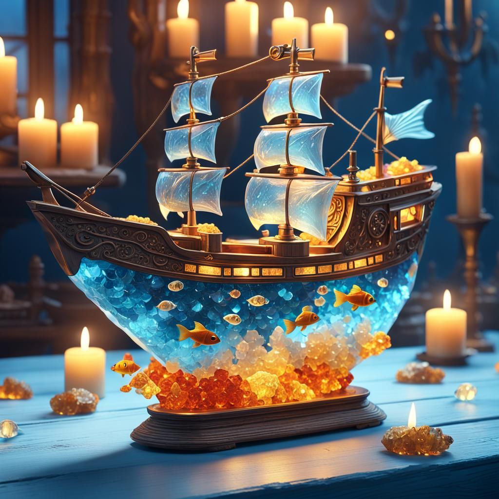 Crystal Ship on Blue Table, Fantasy Concept Art