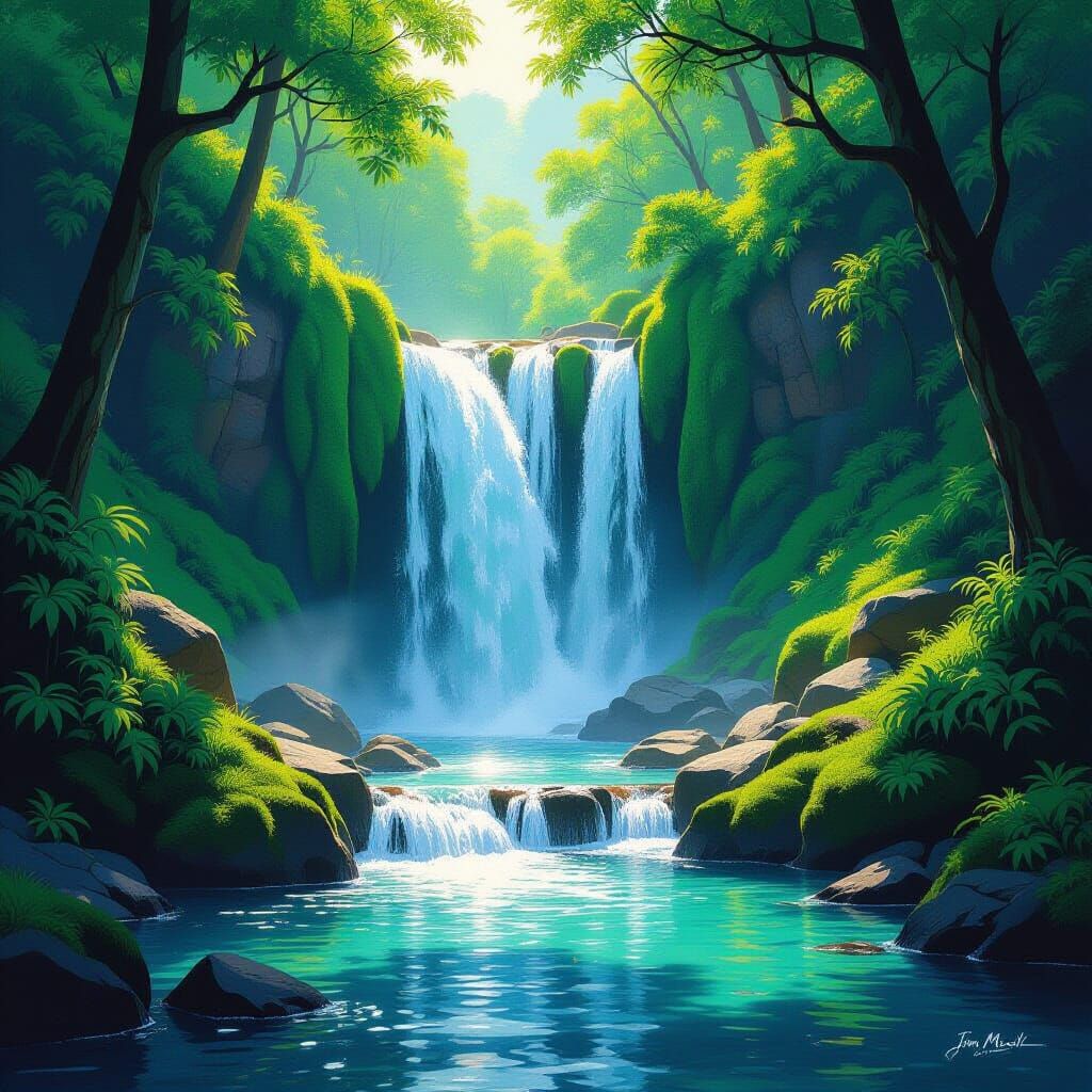 Waterfall Cascading Down Hillside into Rocky Stream in Jim M...