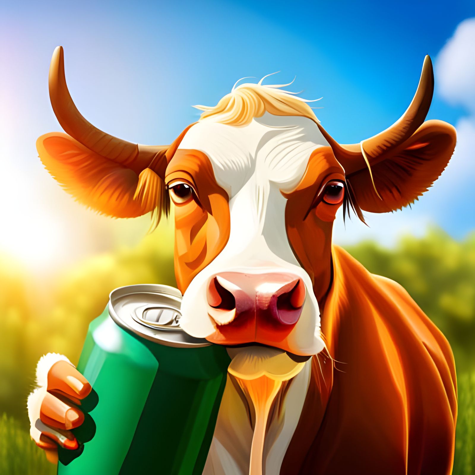 Cow with Beer: Hyperrealistic Animal Portrait