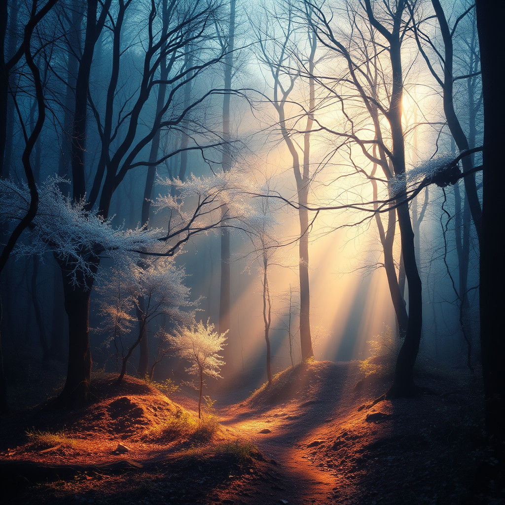 Mystical Forest with Iridescent Light and Shadow