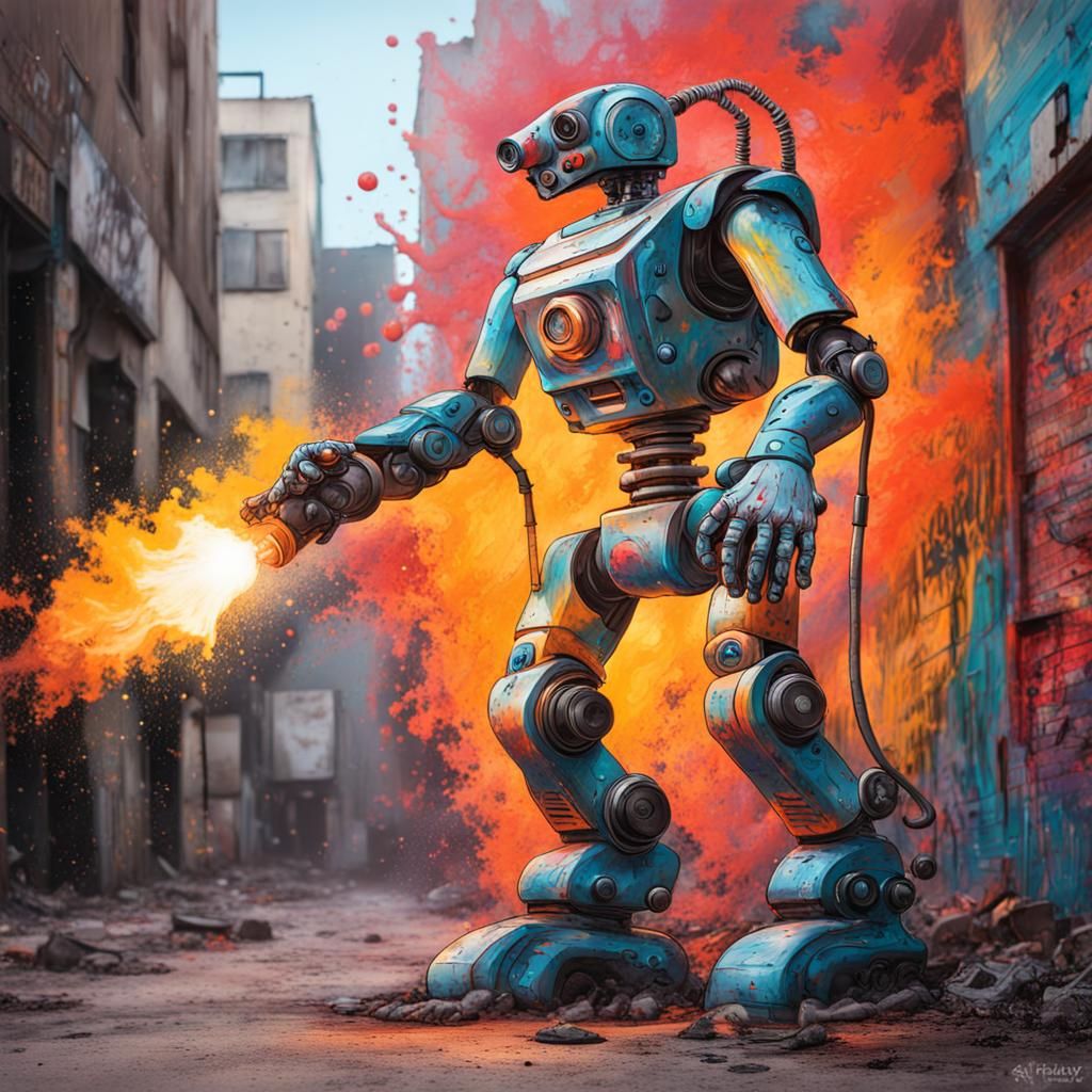 Humanoid Robot with Flamethrower in Graffiti Art