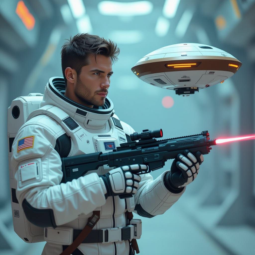 Astronaut with Drone in Retro-Futuristic Style