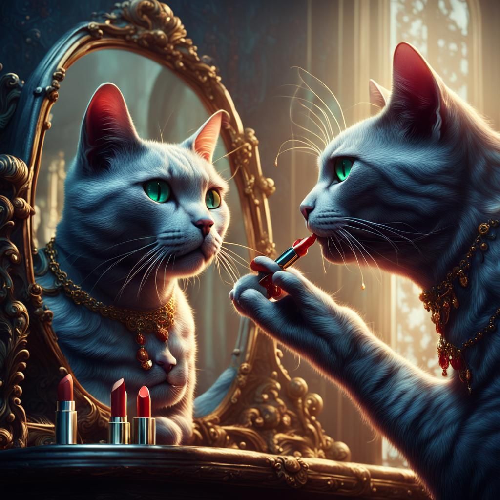 A cat sitting in front of a mirror putting on lipstick