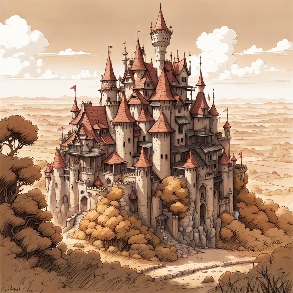 Aetherpunk Castle in Desert Prairie: Detailed Ink Drawing
