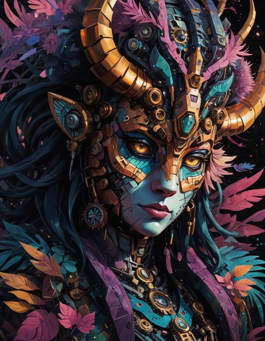 Steampunk Cyborg Tiger in Geometric Cubist Art