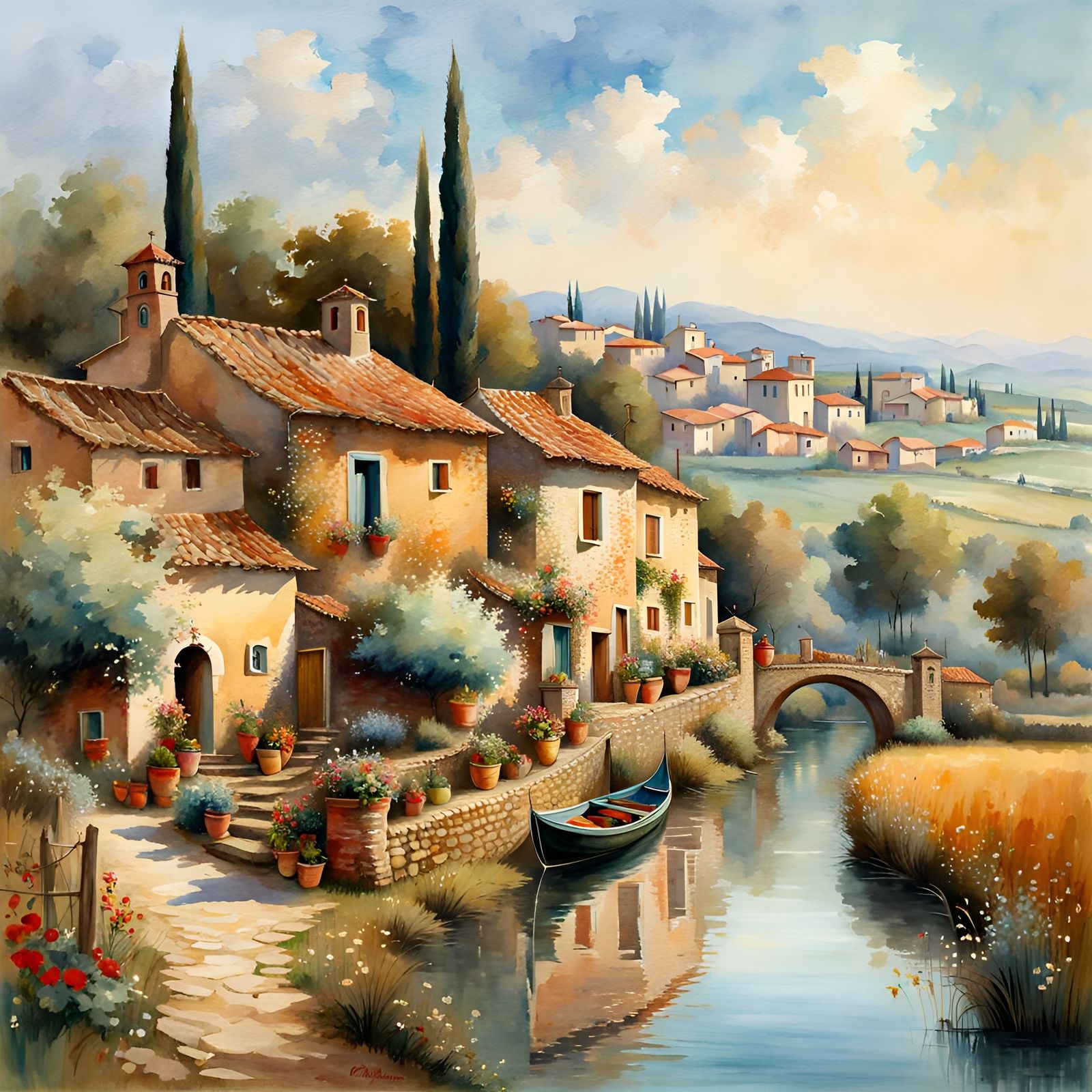 Italian Village: Watercolor Fantasy Landscape