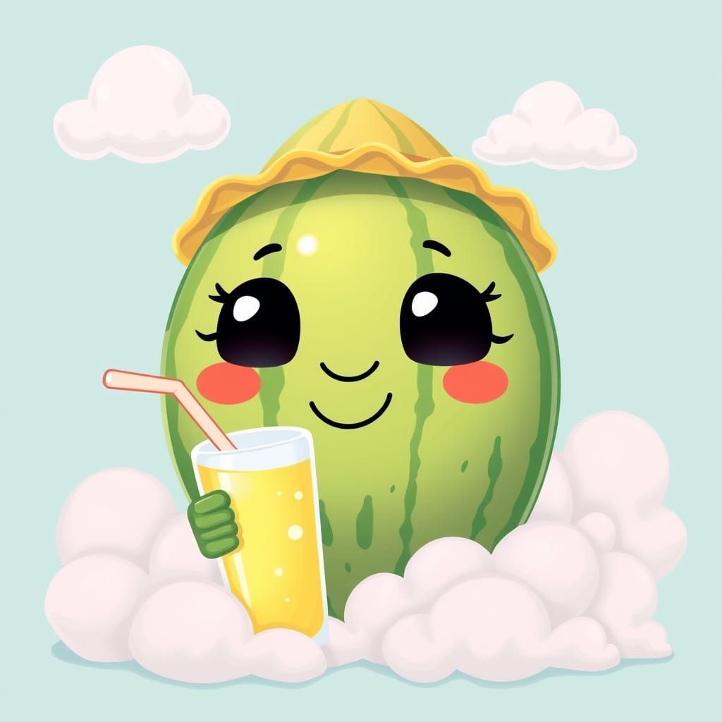 Smiling Watermelon Drinks Milkshake in Kawaii Style